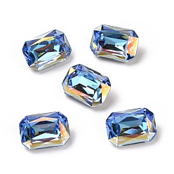 Bermuda Blue Light AB Style Glass Rhinestone Cabochons, Flat Back & Back Plated, Rectangle, Bermuda Blue, 14x10x5.4mm
