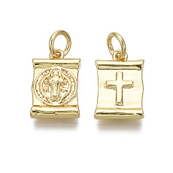 Real 18K Gold Plated Brass Charms, with Jump Ring, Nickel Free, Rectangle with Saint & Cross, Real 18K Gold Plated, 14x9x2.5mm, Hole: 3mm