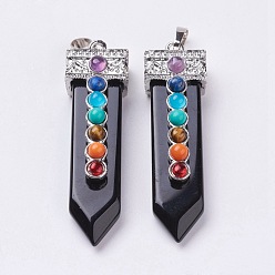 Obsidian Natural Obsidian with Synthetic & Natural Mixed Stone Chakra Big Pendants, Sword, Platinum, 57~60x16.5x12mm, Hole: 5mm