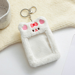 White Velet Photocard Sleeve Keychain, with Clasps and Rectangle Clear Window, Bear, Rabbit Pattern, 135x95mm, Inner Diameter: 95x80mm