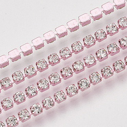 Pink Electrophoresis Iron Rhinestone Strass Chains, Crystal Rhinestone Cup Chains, with Spool, Pink, SS12 Rhinestone, 3~3.2mm, about 10yards/roll