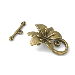 Antique Bronze Alloy Toggle Clasps, Cadmium Free & Nickel Free & Lead Free, Antique Bronze, Flower: 29.5x23x7mm, hole: 1~10x12mm, bar: 21x5x2.5mm, hole: 1.5mm.