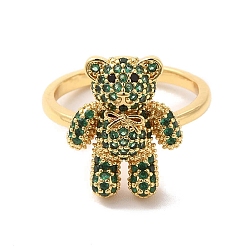 Dark Green Cubic Zirconia Bear Open Cuff Ring, Golden Brass Jewelry for Women, Dark Green, US Size 7 1/4(17.5mm)