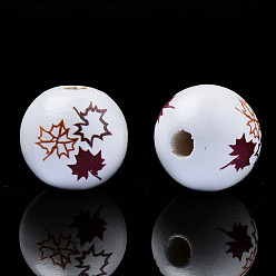 Dark Red Autumn Theme Printed Natural Wood Beads, Round with Maple leaf, Dark Red, 15.5x14.5mm, Hole: 4mm