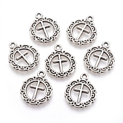 Antique Silver Tibetan Style Flat Round with Cross Alloy Pendants, Cadmium Free & Lead Free, Antique Silver, 20x16x1mm, Hole: 2mm, about 1233pcs/1000g