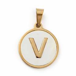 Letter V Vacuum Plating 304 Stainless Steel with White Shell Pendants, Golden, Flat Round with Letter Charm, Letter.V, 18x16x1.5mm, Hole: 3x6mm