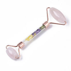 Rose Gold Natural Rose Quartz Massage Tools, Facial Rollers, with K9 Glass & Gemstone Chips & Zinc Alloy Findings, Rose Gold, 144x56x19.5mm