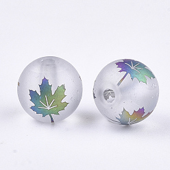 Colorful Autumn Theme Electroplate Transparent Glass Beads, Frosted, Round with Maple Leaf Pattern, Colorful, 10mm, Hole: 1.5mm