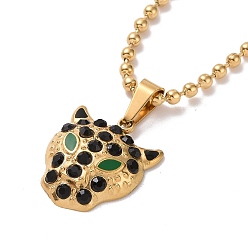 Jet Rhinestone Leopard Pendant Necklace with Enamel, Gold Plated 304 Stainless Steel Jewelry for Women, Jet, 15.87 inch(40.3cm)