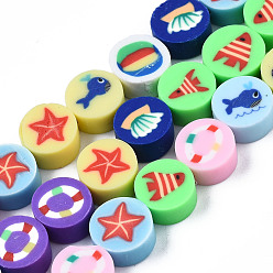 Mixed Color Handmade Polymer Clay Beads Strands, Flat Round, Mixed Color, 9.5x5mm, Hole: 1.6mm, about 40pcs/strand, 14.57 inch~14.76 inch(37cm~37.5cm)