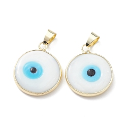 White Handmade Evil Eye Lampwork Pendants, with Rack Plating Light Gold Tone Brass Findings, Long-Lasting Plated, Lead Free & Cadmium Free, Flat Round, White, 24~25.5x20.5~21x4~4.5mm, Hole: 6x4~4.5mm