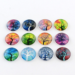 Mixed Color Half Round/Dome Tree Pattern Glass Flatback Cabochons for DIY Projects, Mixed Color, 25x6mm