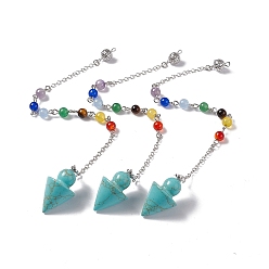 Synthetic Turquoise Synthetic Turquoise Cone Dowsing Pendulum Pendants, with Chakra Gemstone Round Beads, Rack Plating Platinum Tone Brass Findings & Chains, 235mm