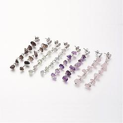 Mixed Color Chip Gemstone Dangle Stud Earrings, with 304 Stainless Steel Teardrop Ear Stud Components, Mixed Color, 62mm, pin: 0.8mm