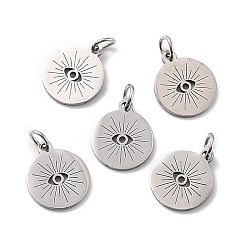 Stainless Steel Color 201 Stainless Steel Charms, with Jump ring, Flat Round with Evil Eye, Stainless Steel Color, 14x12x1mm, Hole: 3mm, Jump Ring: 5x1mm
