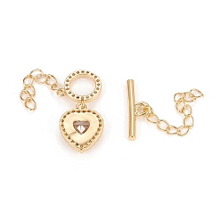 Real 18K Gold Plated Brass Micro Pave Clear Cubic Zirconia Chain Extender, with Toggle Clasps, Heart, Real 18K Gold Plated, Ring: 12x2mm, Bar: 6x17.7x2.2mm