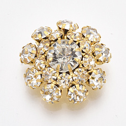 Cristal Botones de vástago de latón chapado en oro, con diamante de imitación, 1 agujero, flor, cristal, 22x22x9 mm, agujero: 1.2 mm