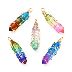 Mixed Color Glass Pendants, with Glass Double Terminated Point Beads and Real 18K Gold Plated Brass Findings, Bullet, Mixed Color, 37~39x10.5x9.5mm, Hole: 2~3mm