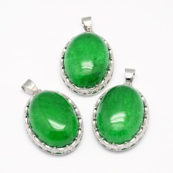 Jade Malais Malaisie naturel pendentifs en jade, avec les accessoires en laiton, ovale, platine, 30x21x10~11mm, Trou: 6x4mm