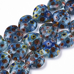 Cornflower Blue Handmade Millefiori Lampwork Beads Strands, Heart, Cornflower Blue, 11~12x12x4~5mm, Hole: 1mm, about 32~33pcs/strand, 12.72 inch~13.78 inch(32.3~35cm)