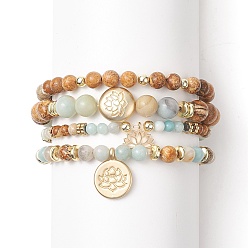 Mixed Stone Natural Flower Amazonite & Picture Jasper Beaded Stretch Bracelets Sets with Non-Magnetic Synthetic Hematite, Alloy Lotus Charms Bracelets for Women, Inner Diameter: 2-1/4 inch(5.7cm), 4pcs/set