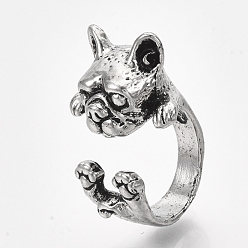 Antique Silver Alloy Puppy Cuff Finger Rings, Pug Dog, Antique Silver4, US Size 4 1/4(15mm)