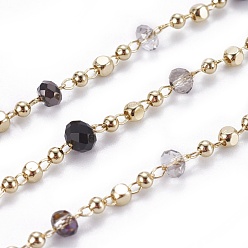 Black Handmade Glass Beaded Chains, Soldered, with Brass Chains and Beads, Long-Lasting Plated, with Spool, Faceted Rondelle, Real 18K Gold Plated, Black, 1.5x1.5x1.5mm, about 32.8 Feet(10m)/roll
