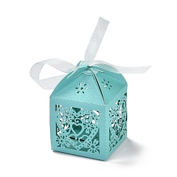 Turquoise Papier découpé au laser évider des boîtes de bonbons coeur et fleurs, carré avec ruban, pour mariage baby shower party faveur emballage cadeau, turquoise, 5x5x7.6 cm