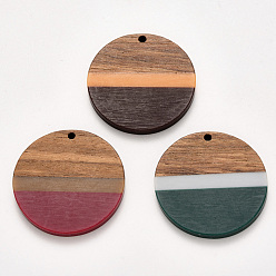 Mixed Color Resin & Walnut Wood Pendants, Waxed, Flat Round, Mixed Color, 32.5x3~4mm, Hole: 2mm