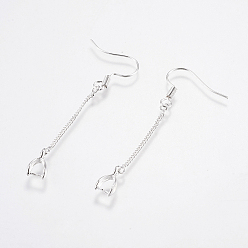 Silver Brass Earring Hooks, Ear Wire, with Ice Pick Pinch Bails and Twisted Chains, Long-Lasting Plated, Lead Free & Cadmium Free, Silver Color Plated, 53x6x3mm, 21 Gauge, Pin: about 0.7mm