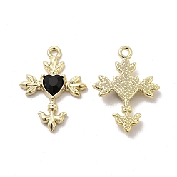 Black Glass Heart Cross Pendants, with Light Gold Alloy Finding, Long-Lasting Plated, Cadmium Free & Lead Free, Black, 23.5x19x3.5mm, Hole: 1.6mm