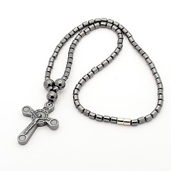 Non-magnetic Hematite Trendy Men's Non-Magnetic Synthetic Hematite Beaded Necklaces, Magnetic Crucifix Cross Pendant Necklaces for Easter, with Brass Magnetic Clasps, Black, 17.5 inch