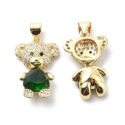 Dark Green Brass Cubic Zirconia Pendants, Bear with Heart Charm, Real 18K Gold Plated, Dark Green, 21x13.5x5~5.5mm, Hole: 3.5x4.5mm