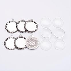 Antique Silver Pendant Making Sets, with Alloy Pendant Cabochon Settings, Glass Cabochons, Flat Round, Cadmium Free & Nickel Free & Lead Free, Antique Silver, 43x38x2.5mm, Hole: 3mm, Tray: 30mm, 6sets/box
