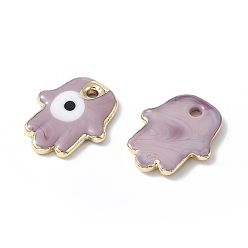 Lilac Brass Enamel Pendants, Real 18K Gold Plated, Hamsa Hand/Hand of Miriam with Evil Eye, Lilac, 35x29x5mm, Hole: 3.2mm