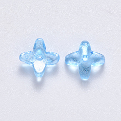 Light Sky Blue Transparent Spray Painted Glass Beads, with Glitter Powder, Clover, Light Sky Blue, 8x8x3mm, Hole: 0.9mm