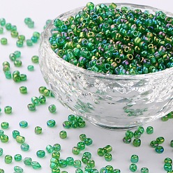 Green 8/0 Round Glass Seed Beads, Transparent Colours Rainbow, Round Hole, Green, 8/0, 3mm, Hole: 1mm, about 1111pcs/50g, 50g/bag, 18bags/2pounds