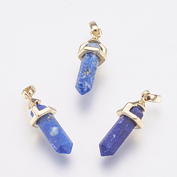Lapis Lazuli Brass Natural Lapis Lazuli Double Terminated Pointed Pendants, Bullet, Golden, 17~20x7x6.5mm, Hole: 2x4mm