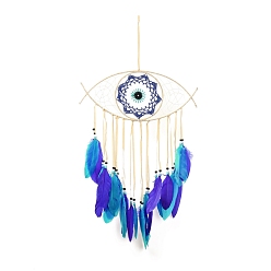 Deep Sky Blue Iron Woven Web/Net with Feather Pendant Decorations, with Wood and Plastic Beads, Covered with Lint and Cotton Cord, Evil Eye, Deep Sky Blue, 675mm
