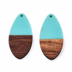 Turquoise Opaque Resin & Walnut Wood Pendants, Teardrop Shape Charm, Turquoise, 38x18x3mm, Hole: 2mm