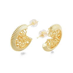 Real 18K Gold Plated Brass Chunky C-shape Stud Earrings, Half Hoop Earrings for Women, Real 18K Gold Plated, 20x17x6mm, Pin: 0.9mm