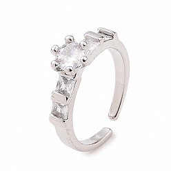 Platinum Clear Cubic Zirconia Diamond Open Cuff Ring, Brass Jewelry for Women, Platinum, Inner Diameter: 16mm
