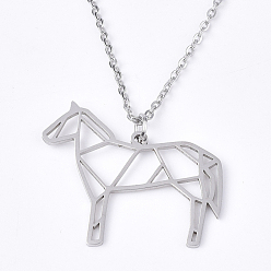 Stainless Steel Color 201 Stainless Steel Pendant Necklaces, with Cable Chains, Horse, Stainless Steel Color, 17.5 inch~17.9 inch(44.5~45.5cm), 1.5mm, Horse: 26x30x1mm
