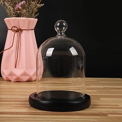 Black Round Ball Shaped Top Clear Glass Dome Cover, Decorative Display Case, Cloche Bell Jar Terrarium with Wood Base, Black, 90x150mm