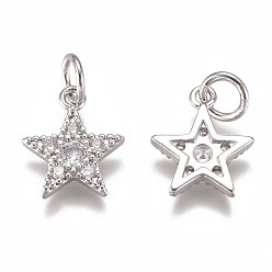 Platinum Brass Micro Pave Cubic Zirconia Charms, with Jump Ring, Long-Lasting Plated, Star, Clear, Real Platinum Plated, 12x10x2mm, Hole: 3mm