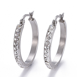 Stainless Steel Color 304 Stainless Steel Hoop Earrings, with Polymer Clay Rhinestone, Crystal, Stainless Steel Color, 27x27x3mm, Pin: 0.7x1mm