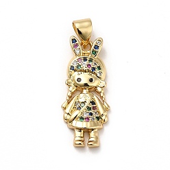 Colorful Brass Micro Pave Cubic Zirconia Pendants, Real 18K Gold Plated, Girl Charm with Rabbit Hat, Colorful, 23x10x3mm, Hole: 3.5x4mm