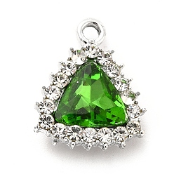 Verde Colgantes de cristal de aleación, colgante de triángulo de diamantes de imitación de cristal, Platino, verde, 18.5x15.5x5.5 mm, agujero: 2.2 mm
