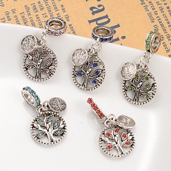 Mixed Color Ring with Tree Alloy Rhinestone European Dangle Charms, Large Hole Pendants, Mixed Color, 30mm, Hole: 5mm