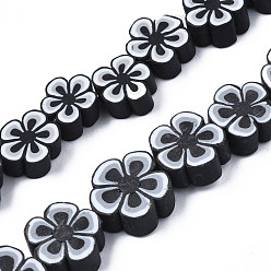Black Handmade Polymer Clay Bead Strands, Flower, Black, 7.5~10x7~11x3.5~5mm, Hole: 1.6mm, about 38~40pcs/strand, 13.58 inch~14.57 inch(34.5~37cm)